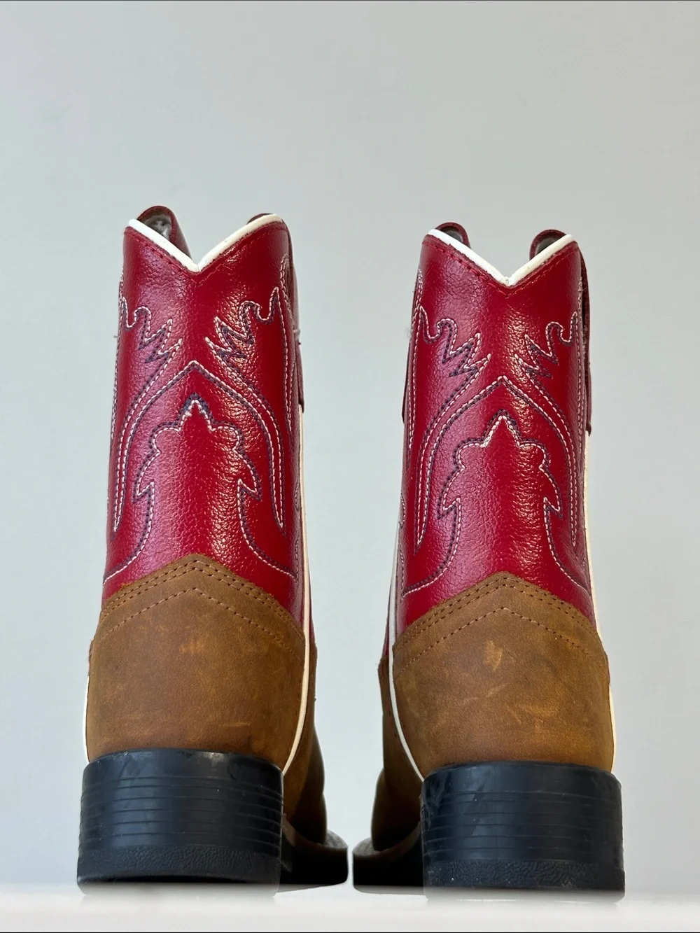Old West Red Kids Distress Leather Broad Square Toe Cowboy Boots Size 4 Western